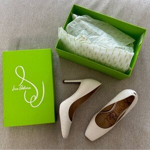 White croc square toe pumps